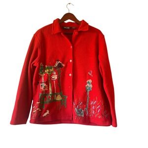 Vintage Red Fleece Embroidered Birdhouse Garden Button Up Shirt Womens large